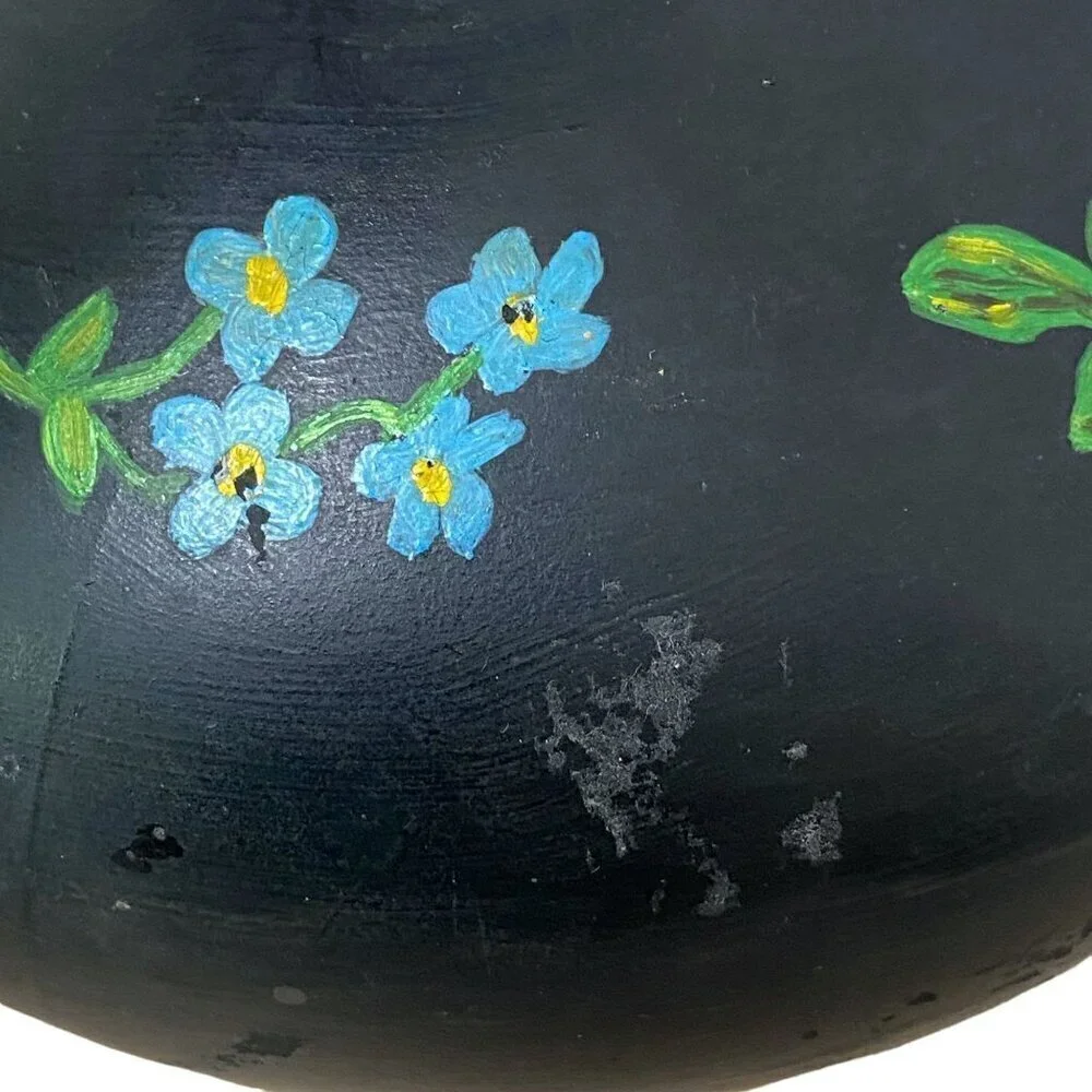 Folk Art Vase Handpainted Glass Black Floral 6